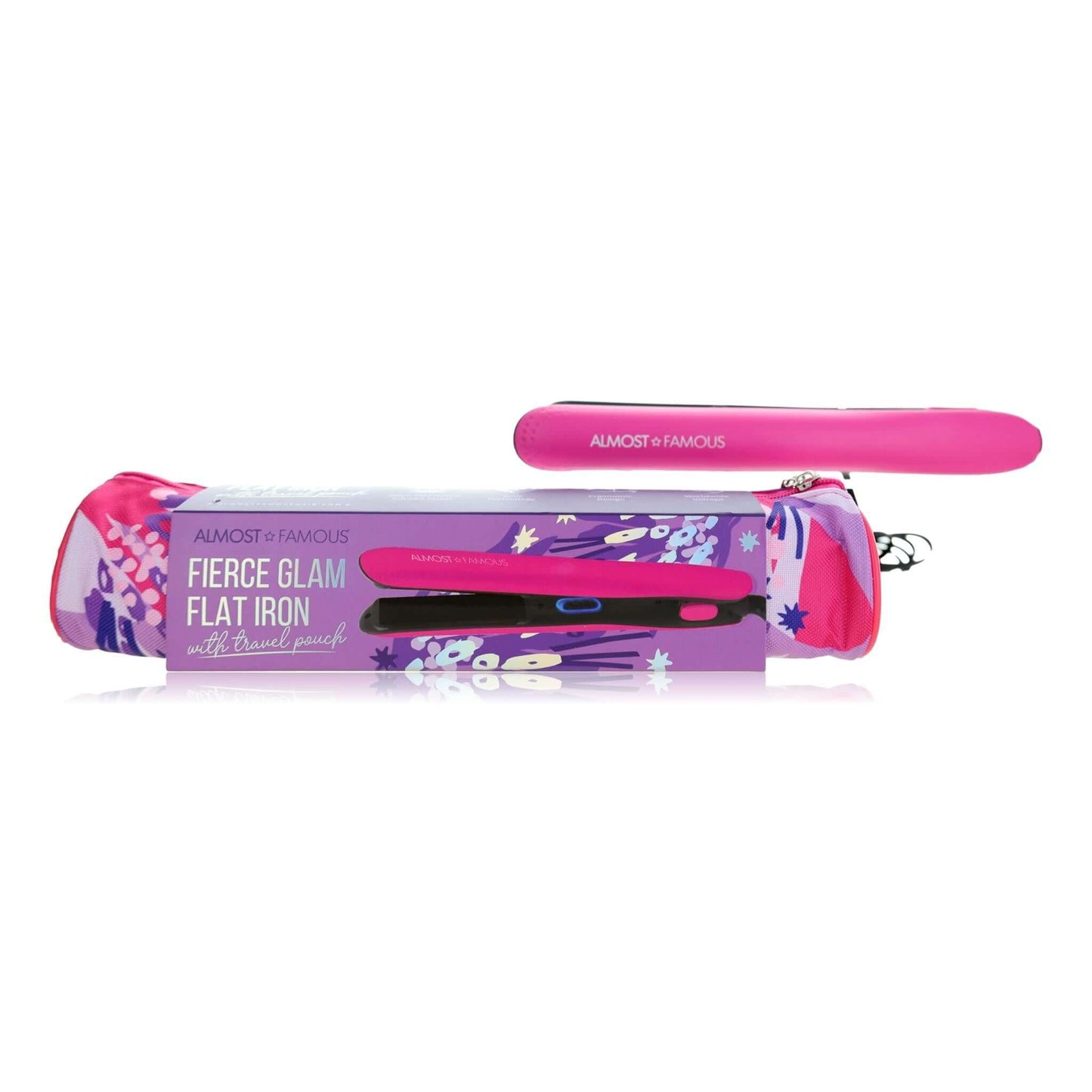 Almost Famous Fierce Glam pink flat iron with printed travel pouch