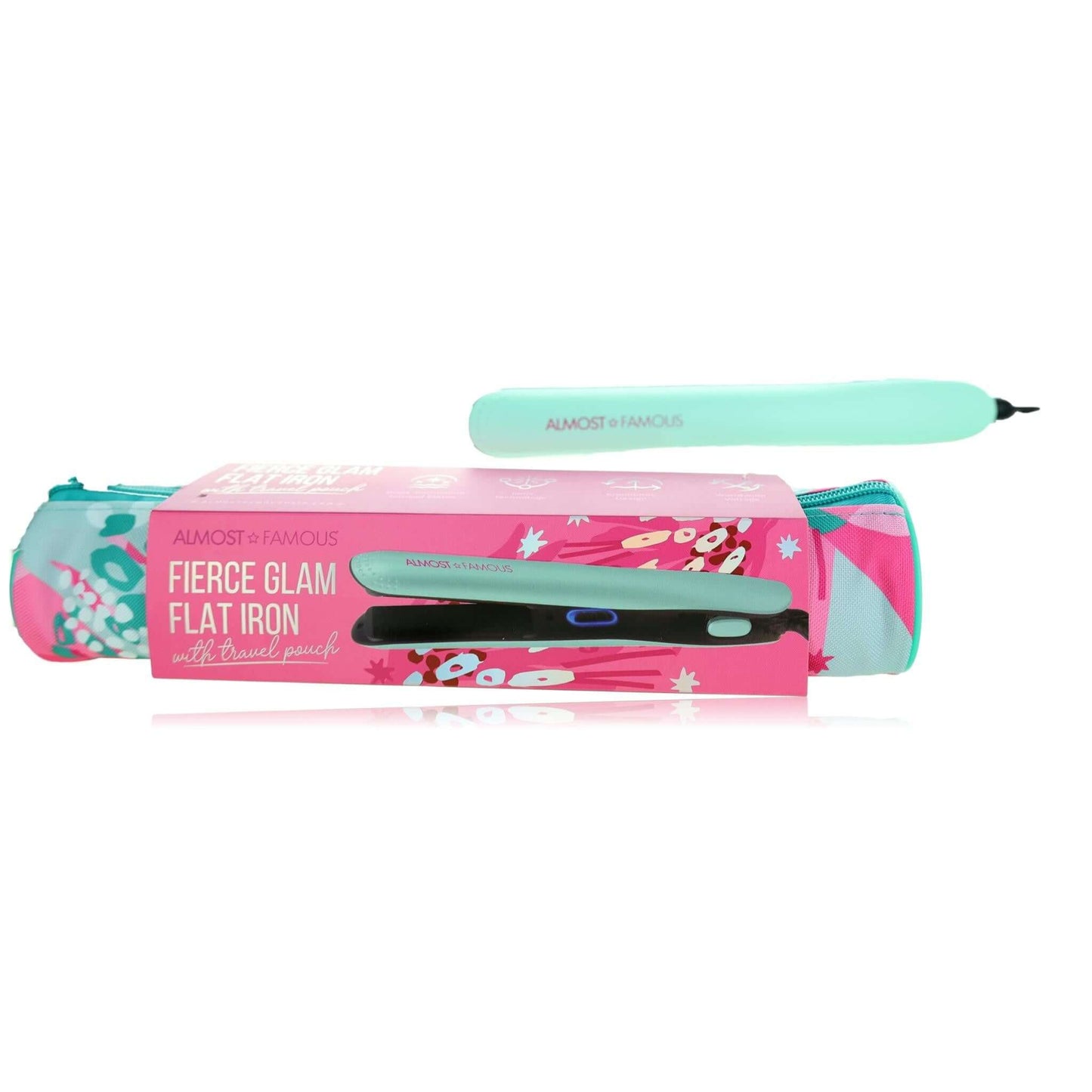 Turquoise flat iron with travel pouch and product box
