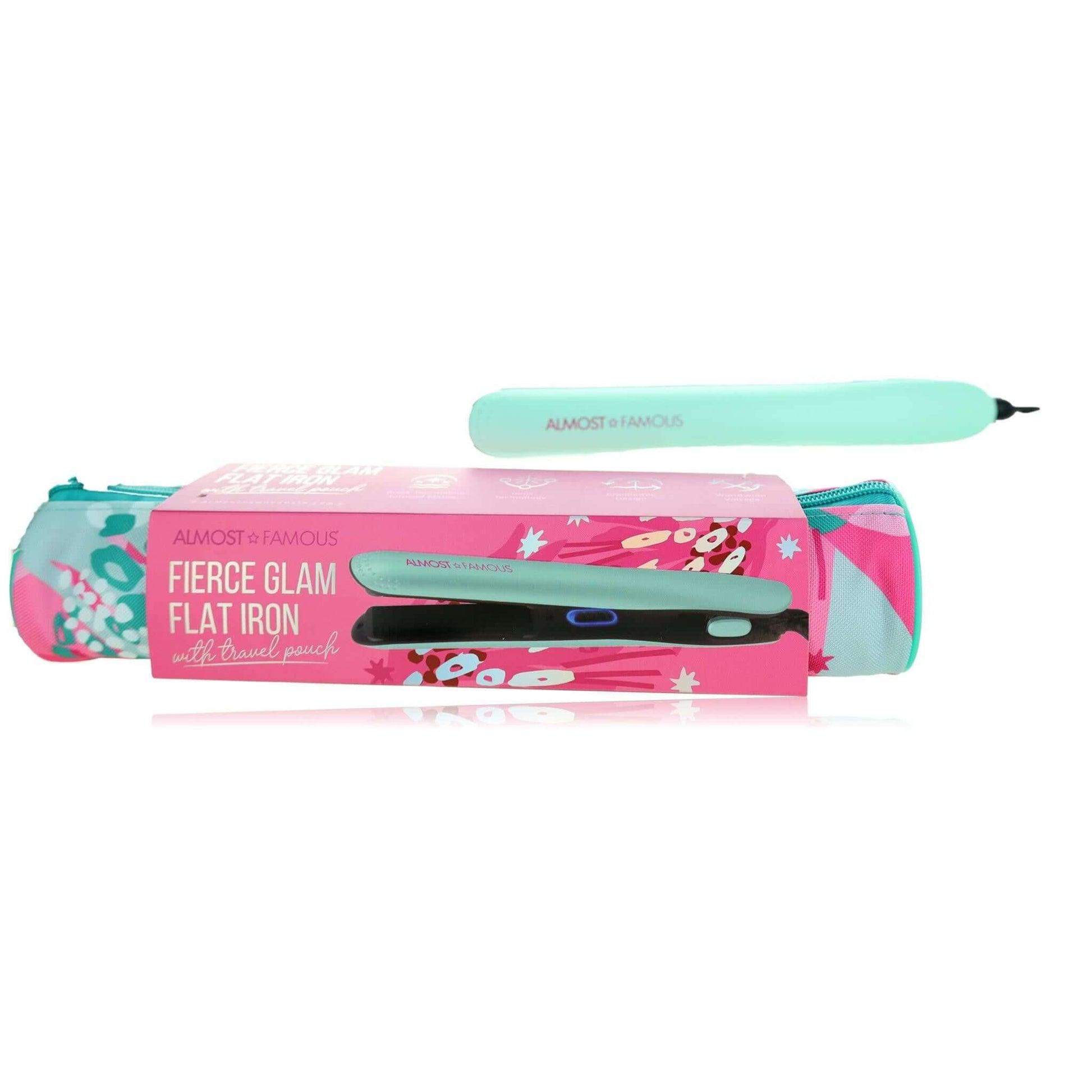 Turquoise flat iron with travel pouch and product box