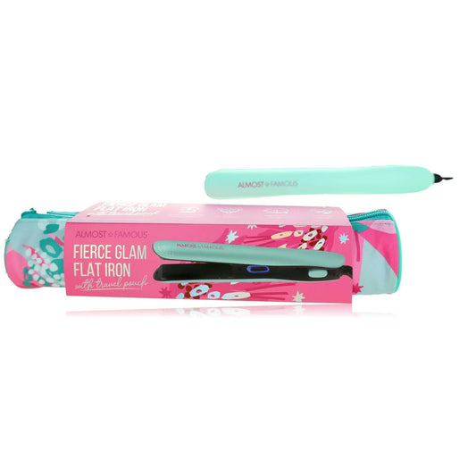 Turquoise flat iron with travel pouch and product box