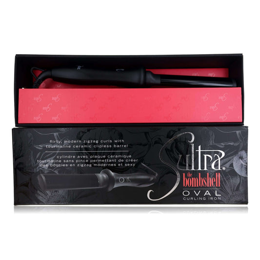 Oval rod curling iron with red accents in retail box, by Sultra