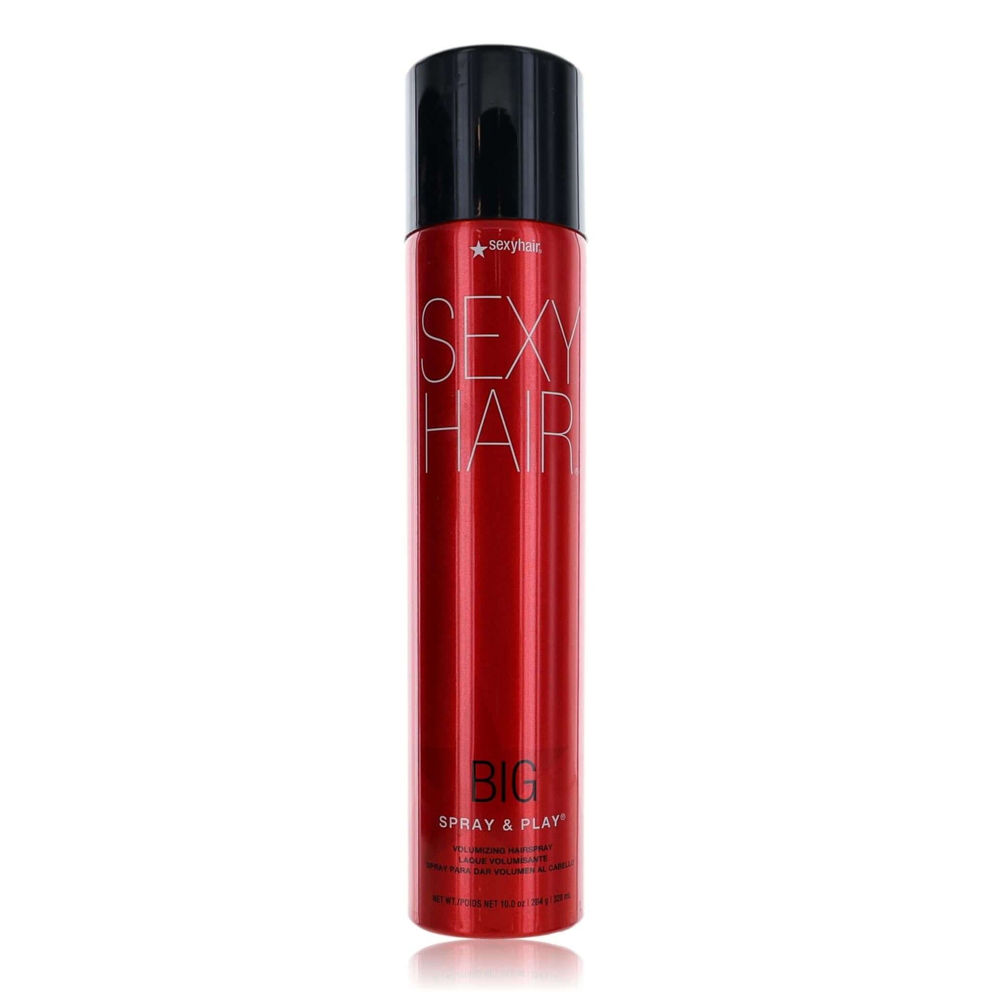 Red hairspray bottle with black cap, Sexy Hair Big Spray & Play label