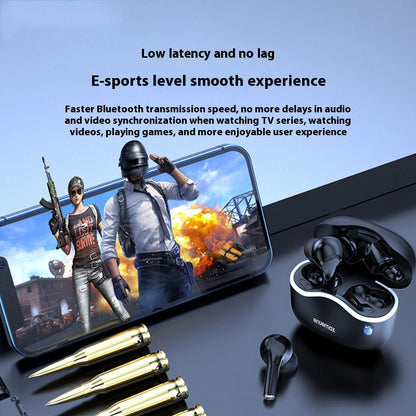 Wireless earbuds with smartphone displaying gaming app, text about low latency and smooth experience.