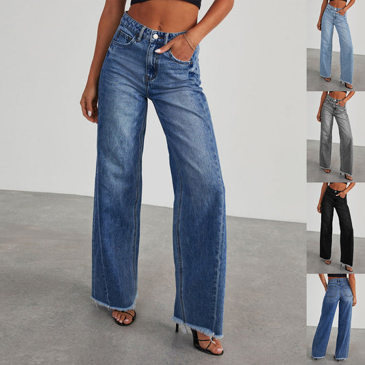 A collage of four images showing high-waisted straight-leg jeans in various colors including blue, light blue, grey, and black, with a model wearing the jeans.