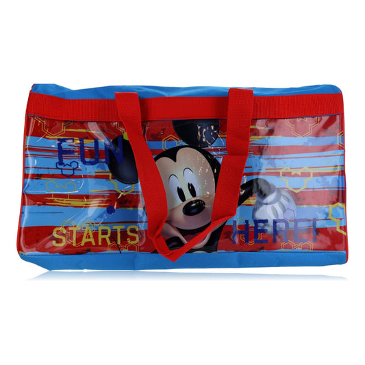 Kids Mickey duffle bag with red straps and blue graphic panel, 'STARTS HERE' text