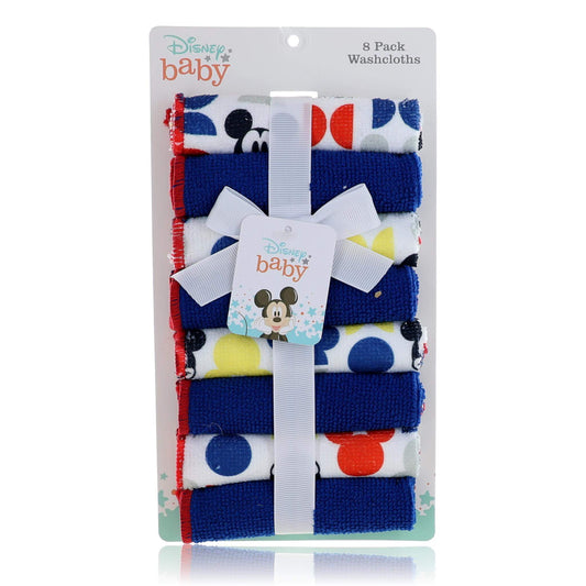 8-pack baby washcloth set with Mickey Mouse prints, blue and red with yellow accents.