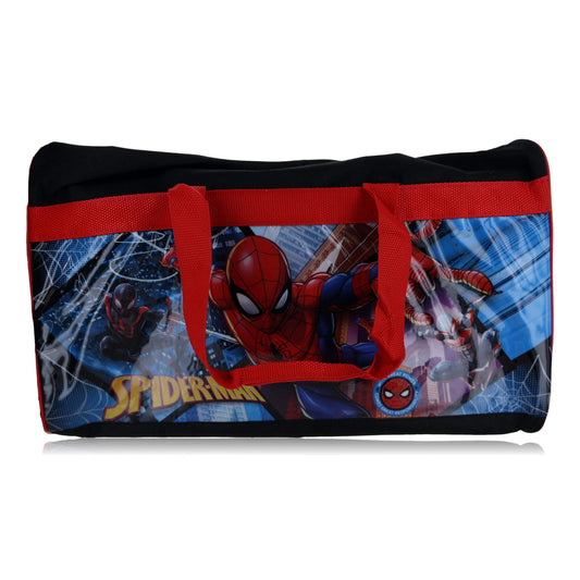 Kids duffle bag, black with red straps, blue Spider web print