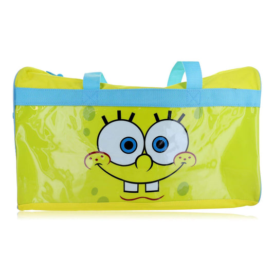 Kids duffle bag with SpongeBob face, lime green fabric, light blue zipper trim and handles
