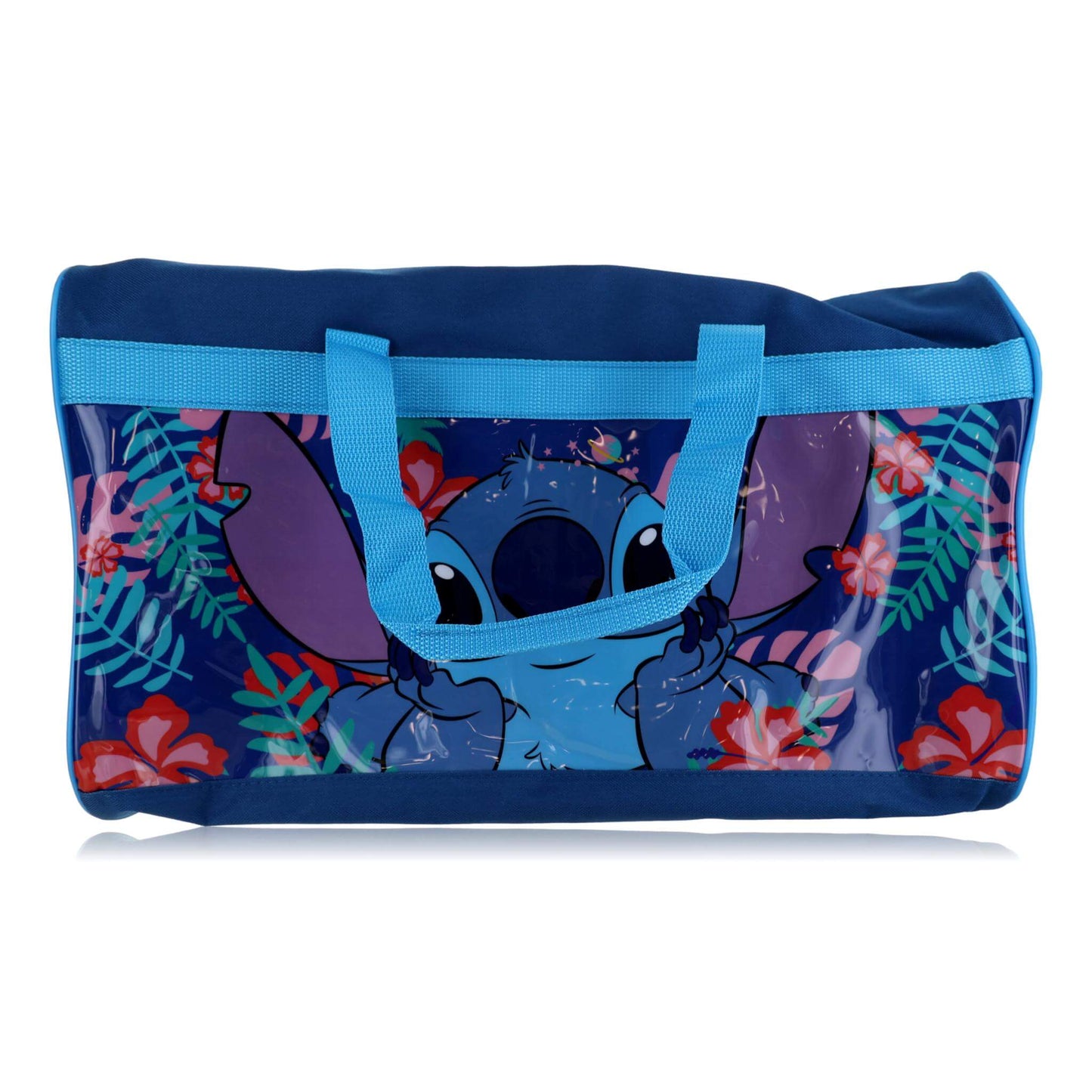 Kids Disney Stitch duffle bag with blue handles and colorful tropical print