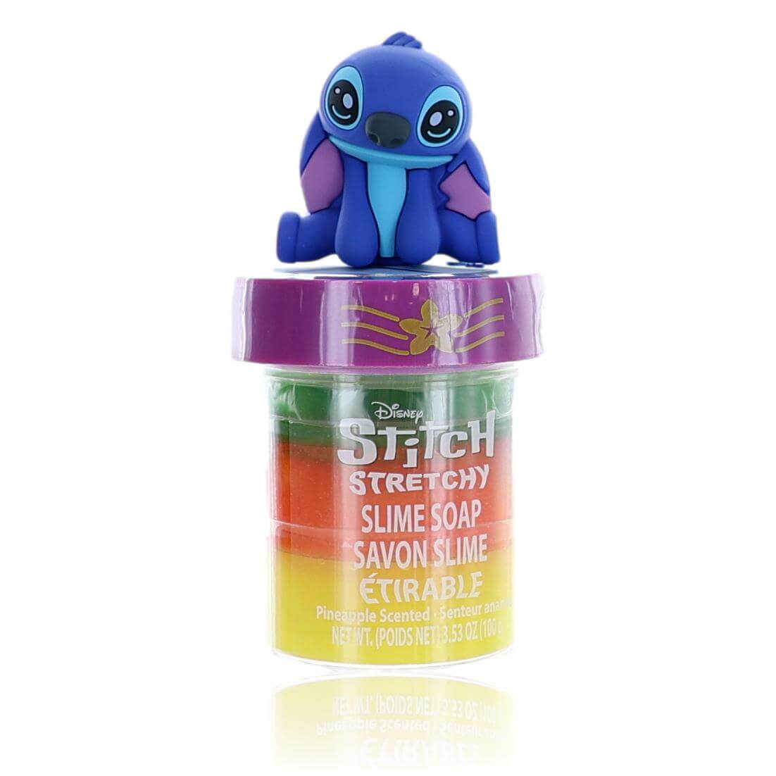 Disney Stitch stretchy slime soap in clear tub with multicolor slime layers, 3.5 oz
