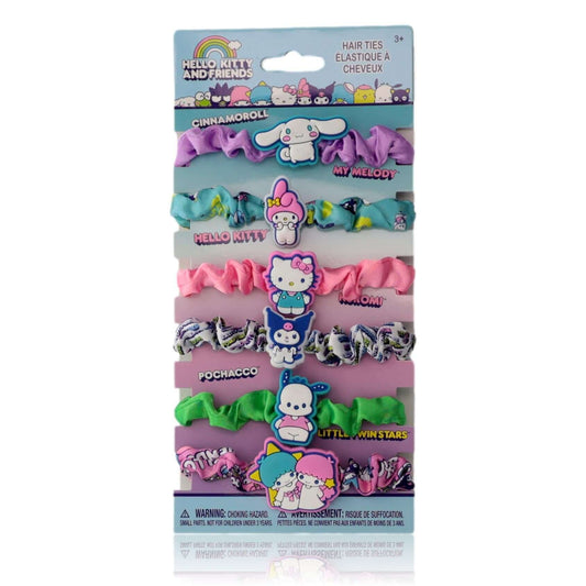 6-pack hair tie set with Hello Kitty character prints on colorful bands