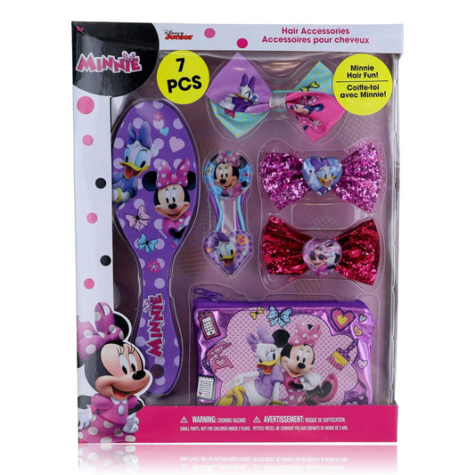 Kids Minnie Mouse 7-piece hair accessories set with brush, glitter bow clips and pouch, purple/pink