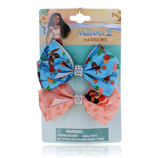Kids character-themed hair bows, 2-pack; blue and pink bows with gem centers