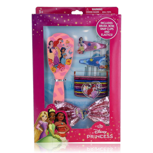 Kids' Disney Princess hair accessories set with brush, bow and snap clips in blister pack
