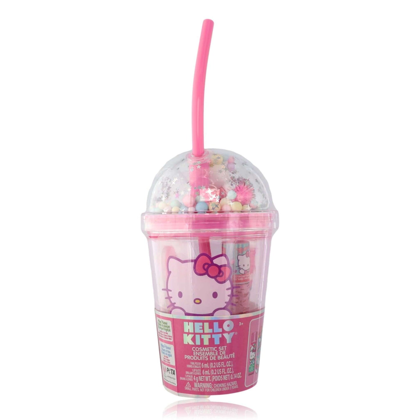 Kids Hello Kitty tumbler with lid and pink straw, clear cup with Hello Kitty graphic
