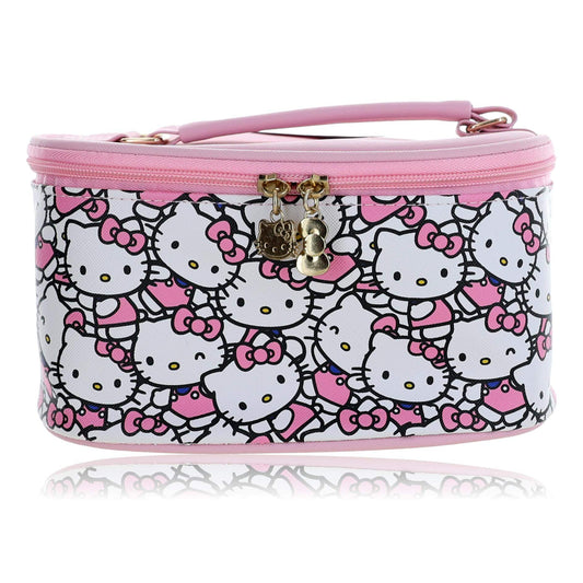 Hello Kitty cosmetics bag with allover cat faces print, pink trim, zip closure.