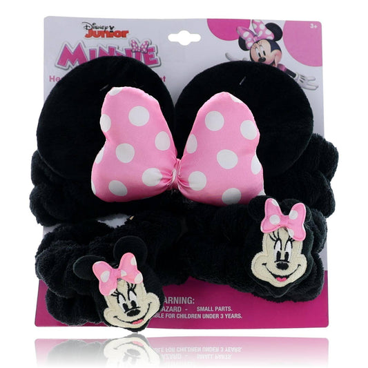 Kids plush Minnie Mouse headband set with black fur, pink polka-dot bow, and wristbands