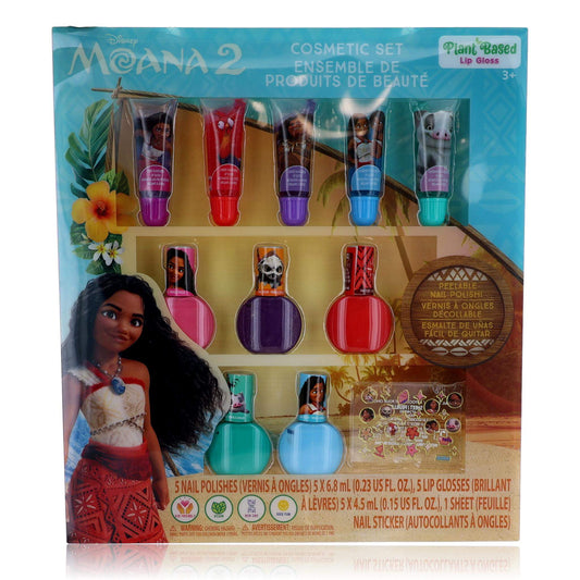 Kids lip and nail cosmetic set in display box with multiple colored bottles and tubes
