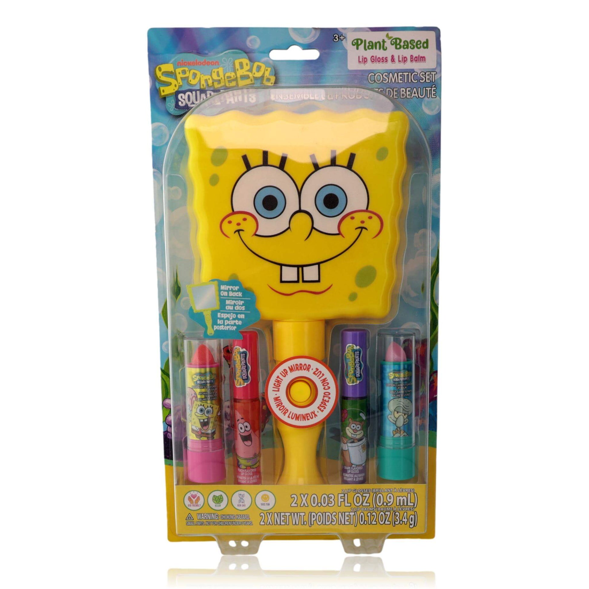 Kids' SpongeBob Squarepants cosmetic set: SpongeBob-shaped case and lip gloss tubes