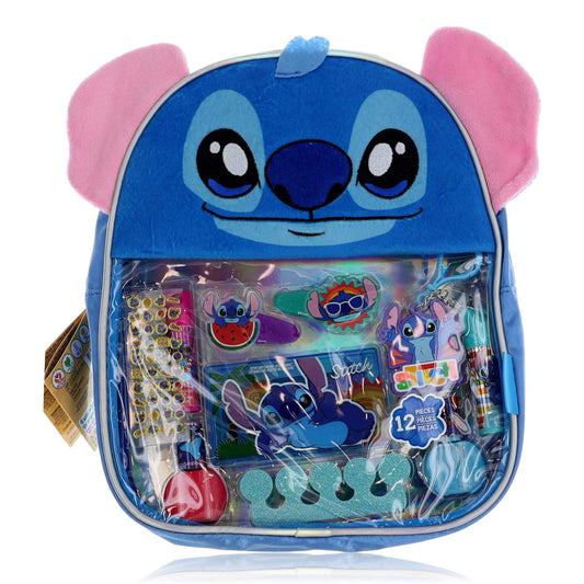 Kids 12-piece cosmetic set with Stitch character zip bag, clear window pouch view
