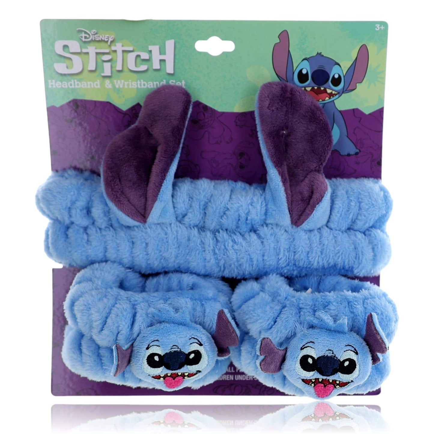 Kids plush Stitch headband and wristbands set, light blue with purple accents