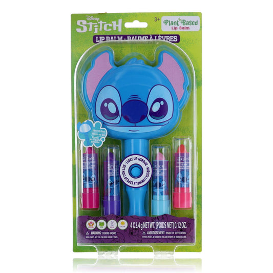 Kids cosmetic set with blue Stitch-shaped light-up mirror and four lip balms