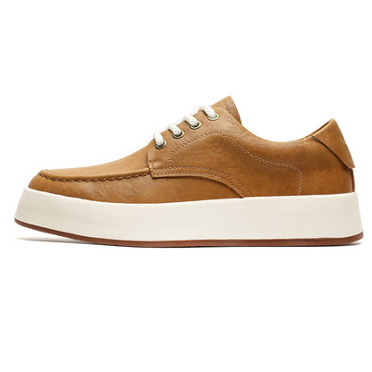 Three pairs of men's casual lace-up platform sneakers in gray, brown, and beige colors, displayed against a backdrop with a speaker and eyeglasses.