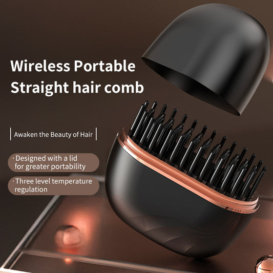 Wireless portable straight hair comb with lid on a dark background