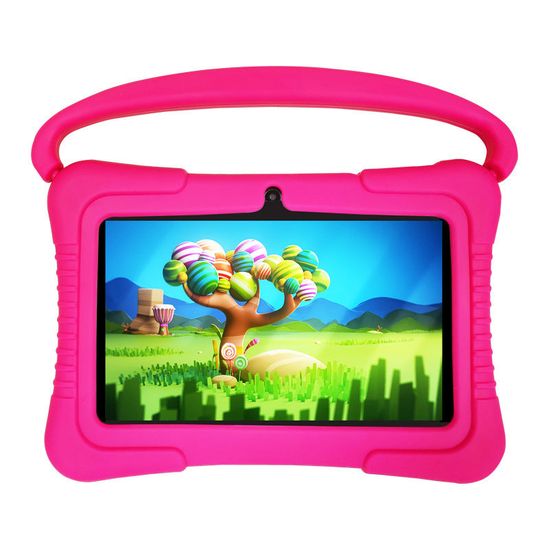 A pink 7 inch children's tablet pc with a cartoon image on the screen, shown from multiple angles including the back.