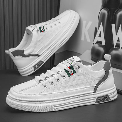 A pair of beige and white men's casual shoes with a low heel and low top design, featuring a round toe and an elastic band.