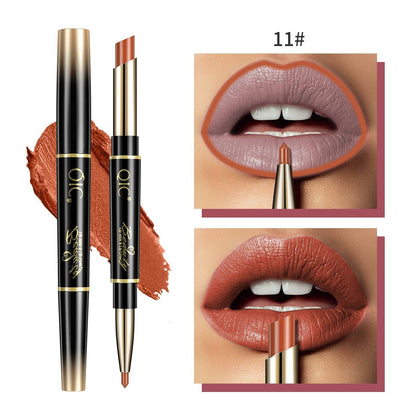 Lipstick with gold cap and black body, shown on a white background with close-up of lips wearing the shade.