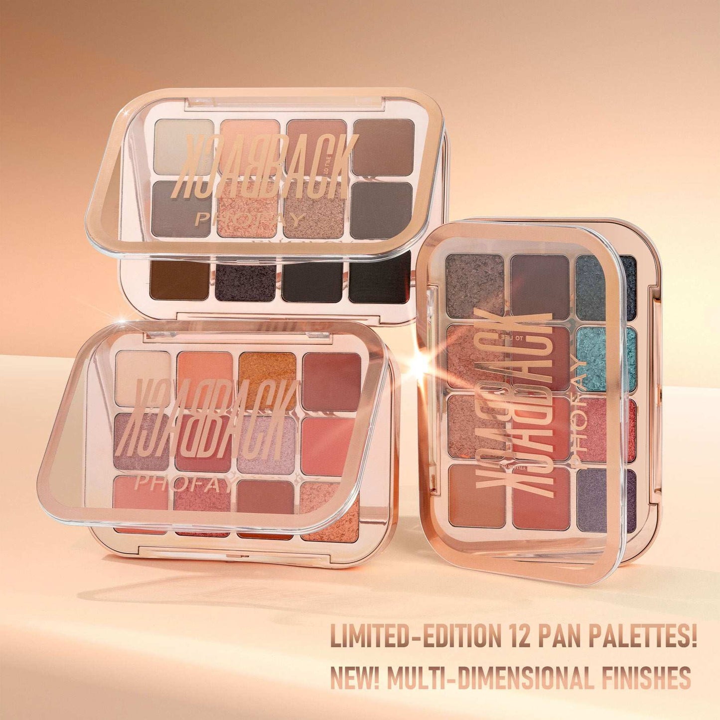 Makeup palettes with 'PHOENIX' branding on a gradient background