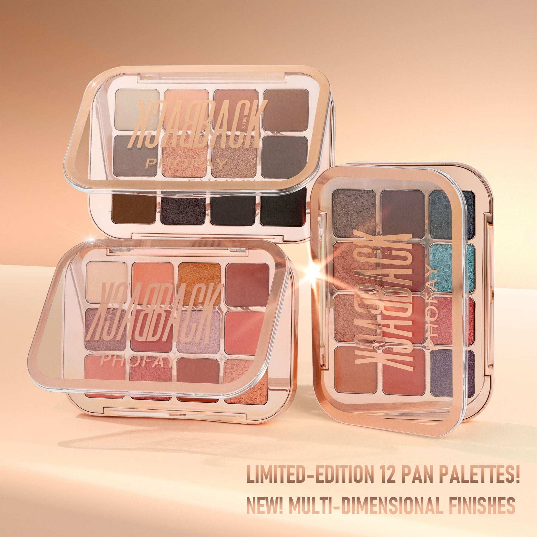 Makeup palettes with 'PHOENIX' branding on a gradient background