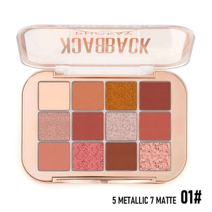 Makeup palette with various shades of eyeshadow in metallic and matte finishes, branded 'Back to Back'.