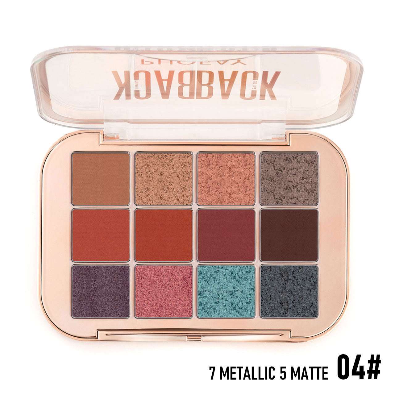 Makeup palette with various shades of eyeshadow in a compact case, featuring the brand 'Backstage'.