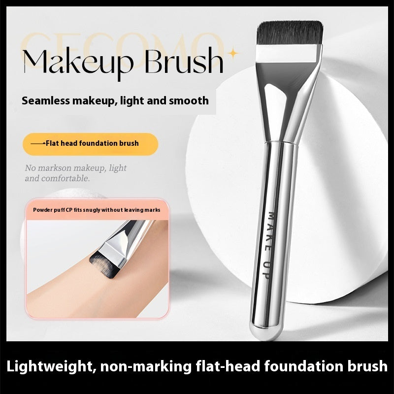 Makeup brush with packaging and text highlighting features on a white background