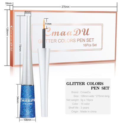 EmaaDU glitter colors pen set with dimensions and product details on a white background