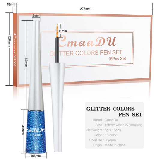 EmaaDU glitter colors pen set with dimensions and product details on a white background
