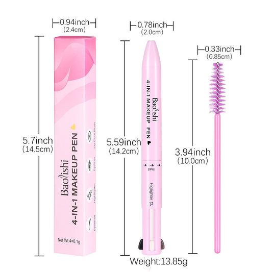 Measurement chart of a pink makeup pen with its packaging and brush attachment on a white background.