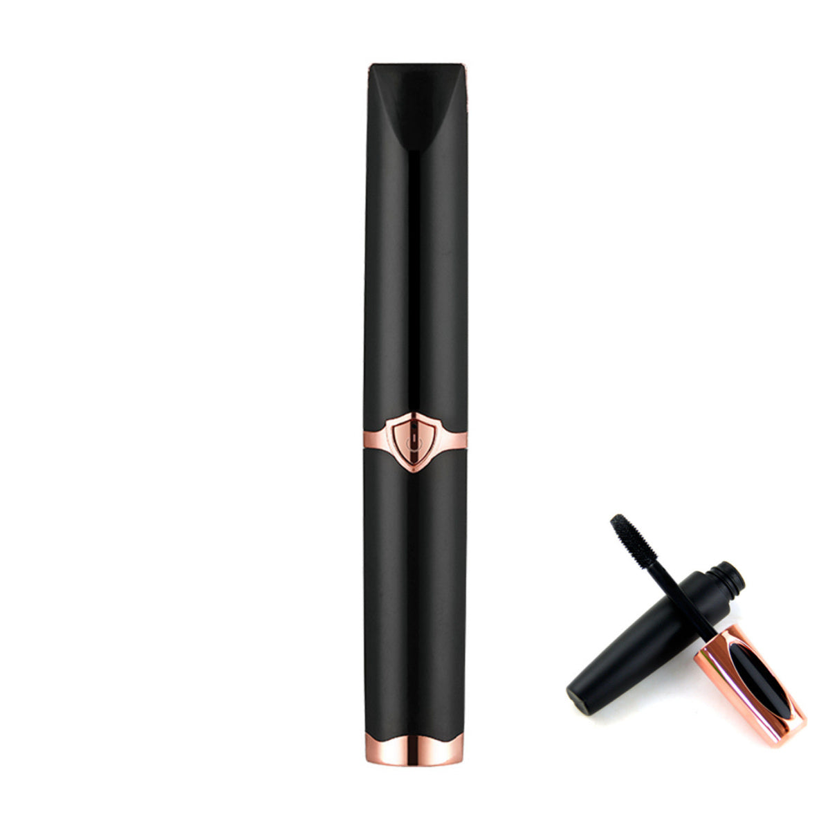 Black and rose gold mascara with cap on a white background