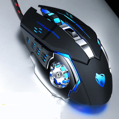 Gaming mouse with blue LED lighting on a gray background