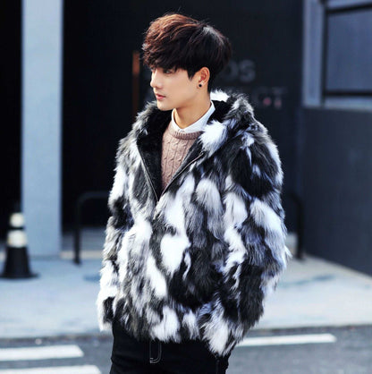 Men's faux leather warm coat, black and white faux-fur pattern, zip front, hooded collar