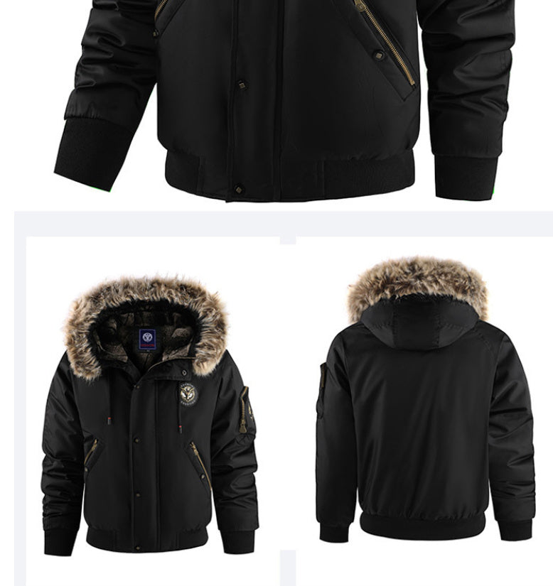 Black jacket with fur hood shown from multiple angles 