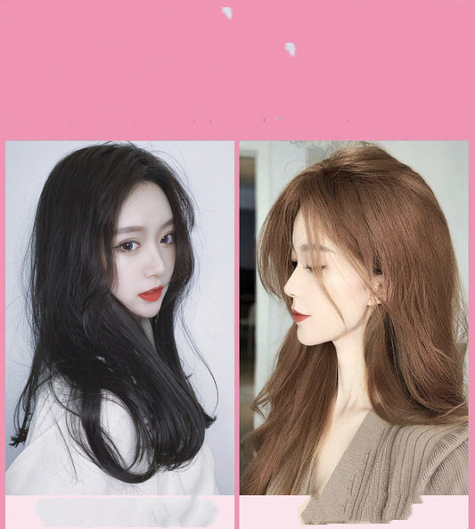 Two side-by-side images of a person with different hairstyles against a pink background.