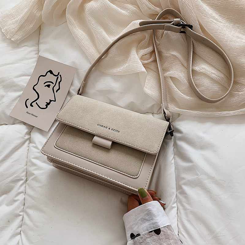Small square crossbody bag with flap, light beige/cream leather-look and adjustable strap