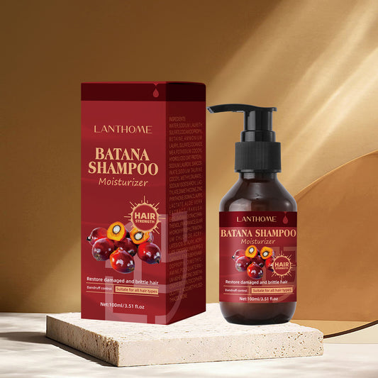 Lanthome Batana Shampoo Moisturizer with packaging on a beige background