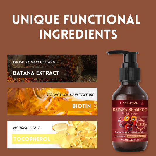 Lanthome Banana Shampoo and Moisturizer with ingredients like Batana Extract, Biotin, and Tocopherol on a brown background.