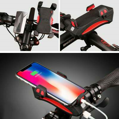 Motorcycle Bicycle Phone Holder Support Charging For Cell Phone With Bike Bell Power Bank Bicycle Front Lamp Flashlight