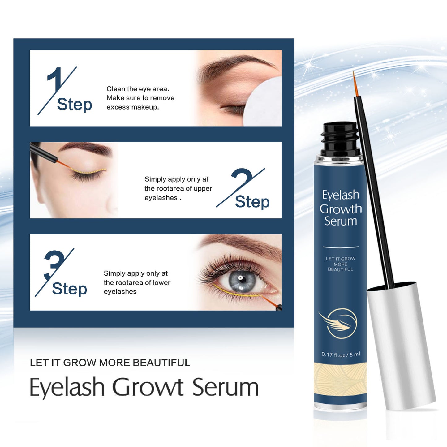 Eyelash growth serum with application instructions and product packaging.