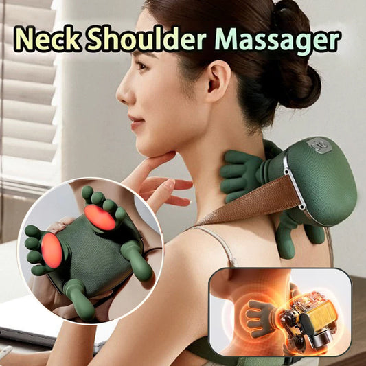 Woman using a neck shoulder massager with close-up details on a neutral background